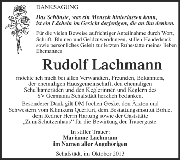 Traueranzeige von Rudolf Lachmann von Super Sonntag Merseburg