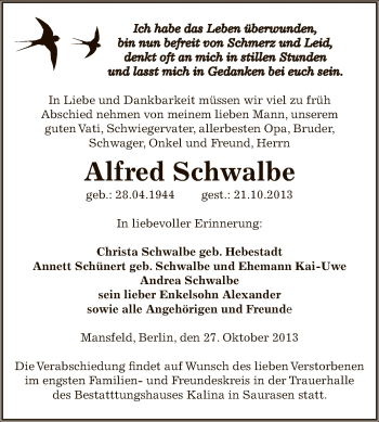 Traueranzeige von Alfred Schwalbe von Super Sonntag SGH Mansf. Land