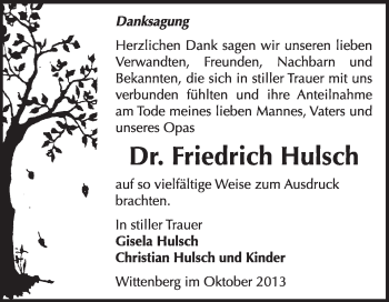 Traueranzeige von Friedrich Hulsch von Super Sonntag Wittenberg