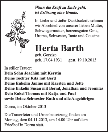Traueranzeige von Herta Barth von WVG - Wochenspiegel Wittenberg