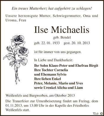 Traueranzeige von Ilse Michaelis von Super Sonntag Zeitz