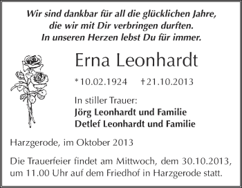 Traueranzeige von Erna Leonhardt von WVG - Wochenspiegel Quedlinburg