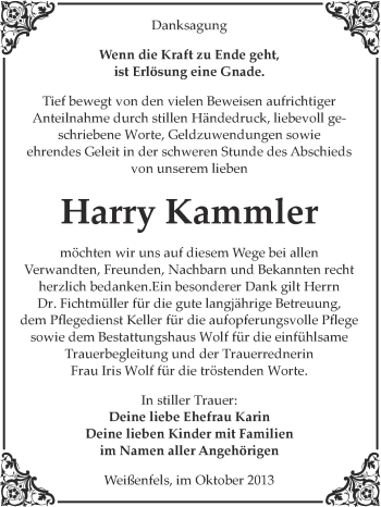 Traueranzeige von Harry Kammler von WVG - Wochenspiegel NMB / WSF / ZTZ