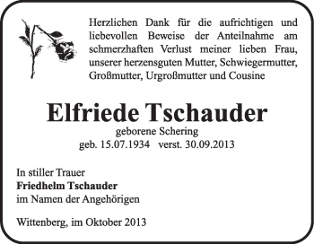 Traueranzeige von Elfriede Tschauder von Super Sonntag Wittenberg