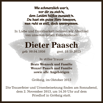 Traueranzeige von Dieter Paasch von WVG - Wochenspiegel Dessau / Köthen