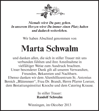 Traueranzeige von Marta Schwalm von Super Sonntag Aschersleben