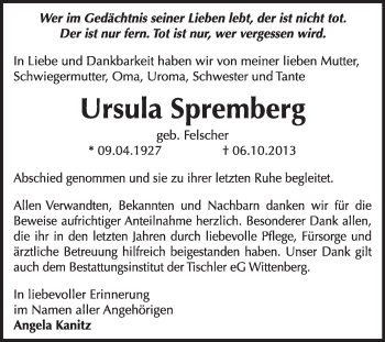 Traueranzeige von Ursula Spremberg von WVG - Wochenspiegel Wittenberg