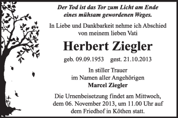 Traueranzeige von Herbert Ziegler von Super Sonntag Dessau / Köthen