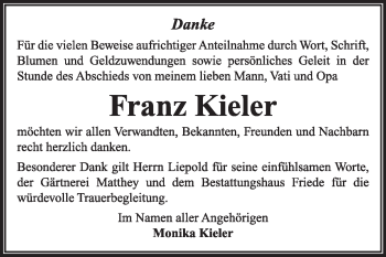 Traueranzeige von Franz Kieler von Super Sonntag Dessau / Köthen