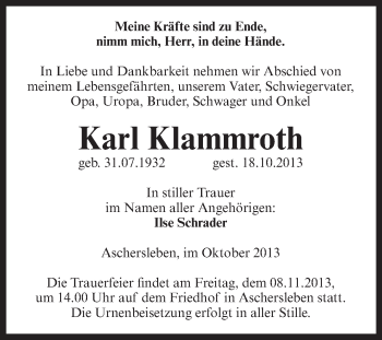 Traueranzeige von Karl Klammroth von WVG - Wochenspiegel Aschersleben