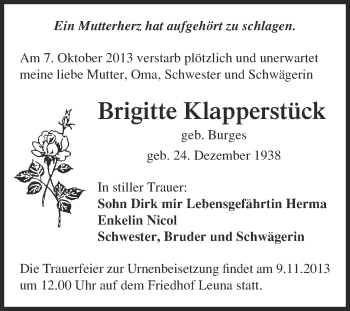 Traueranzeige von Brigitte Klapperstück von Super Sonntag Merseburg