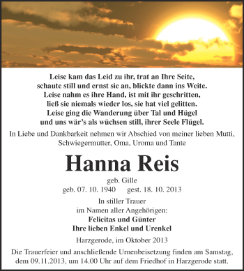Traueranzeige von Hanna Reis von Super Sonntag Quedlinburg