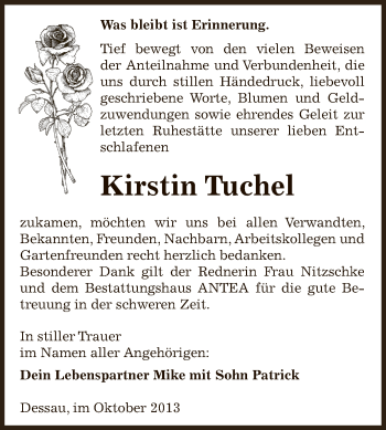 Traueranzeige von Kirstin Tuchel von WVG - Wochenspiegel Dessau / Köthen