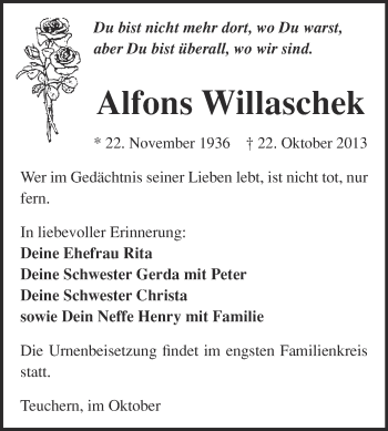 Traueranzeige von Alfons Willaschek von WVG - Wochenspiegel NMB / WSF / ZTZ