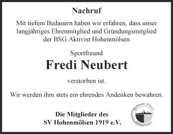 Traueranzeige von Fredi Neubert von WVG - Wochenspiegel NMB / WSF / ZTZ