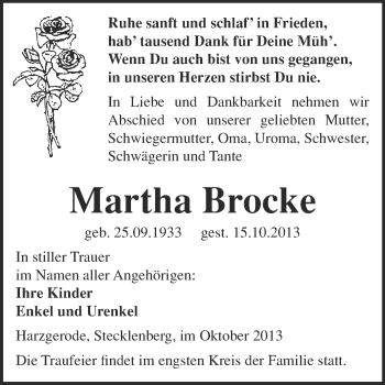 Traueranzeige von Martha Brocke von Super Sonntag Quedlinburg