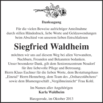 Traueranzeige von Siegfried Waldheim von Super Sonntag Quedlinburg