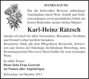 Traueranzeige von Karl-Heinz Rätzsch von Super Sonntag Merseburg