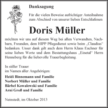 Traueranzeige von Doris Müller von Super Sonntag Quedlinburg