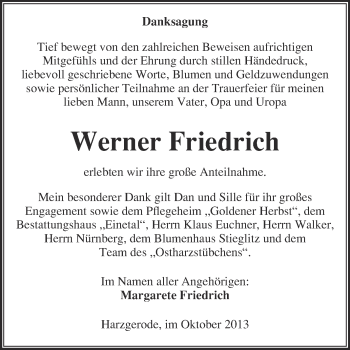 Traueranzeige von Werner Friedrich von Super Sonntag Quedlinburg