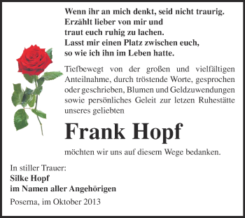 Traueranzeige von Frank Hopf von Super Sonntag Merseburg