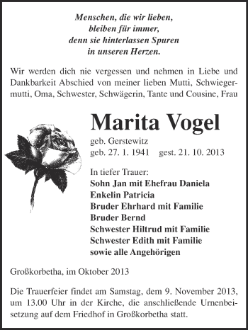 Traueranzeige von Marita Vogel von Super Sonntag Merseburg