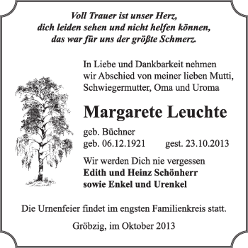 Traueranzeige von Margarete Leuchte von Super Sonntag Dessau / Köthen