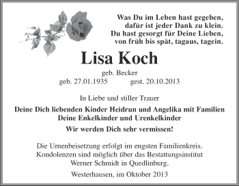 Traueranzeige von Lisa Koch von WVG - Wochenspiegel Quedlinburg