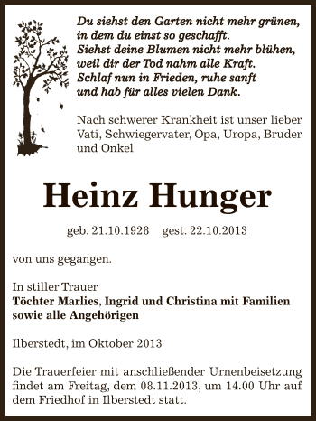 Traueranzeige von Heinz Hunger von Super Sonntag Bernburg