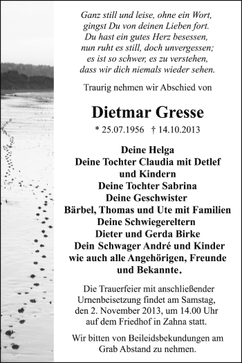 Traueranzeige von Dietmar Gresse von Super Sonntag Wittenberg