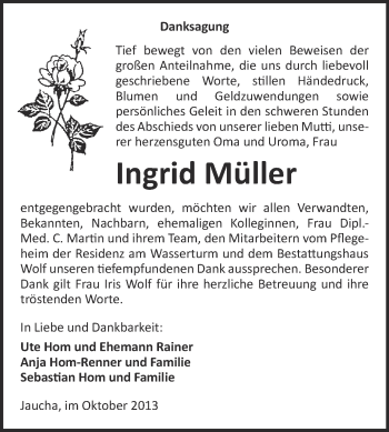 Traueranzeige von Ingrid Müller von WVG - Wochenspiegel NMB / WSF / ZTZ