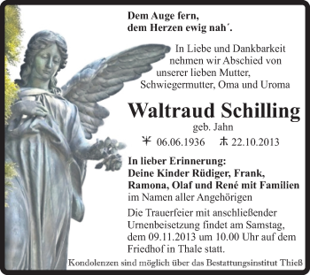 Traueranzeige von Waltraud Schilling von Super Sonntag Quedlinburg