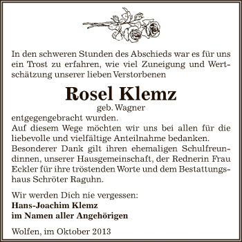 Traueranzeige von Rosel Klemz von WVG - Wochenspiegel Bitterfeld