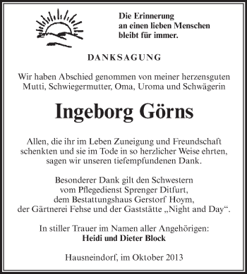 Traueranzeige von Ingeborg Görns von Super Sonntag Aschersleben