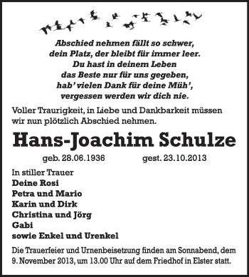 Traueranzeige von Hans-Joachim Schulze von WVG - Wochenspiegel Wittenberg