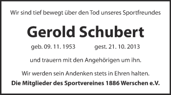 Traueranzeige von Gerold Schubert von WVG - Wochenspiegel NMB / WSF / ZTZ
