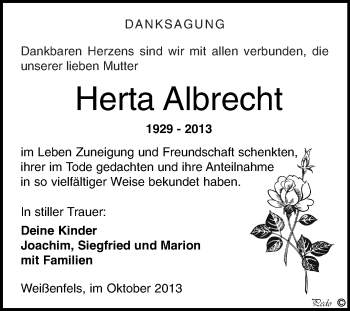 Traueranzeige von Herta Albrecht von WVG - Wochenspiegel NMB / WSF / ZTZ