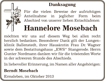 Traueranzeige von Hannelore Mosebach von Wochenspiegel Mansfelder Land