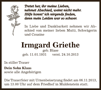 Traueranzeige von Irmgard Griethe von WVG - Wochenspiegel Bitterfeld