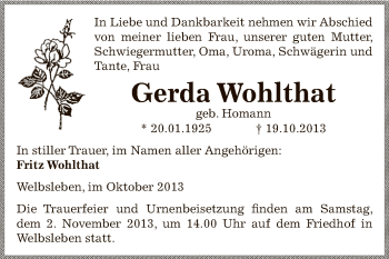 Traueranzeige von Gerda Wohlthat von Super Sonntag SGH Mansf. Land