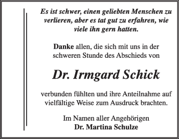 Traueranzeige von Irmgard Schick von Super Sonntag Dessau / Köthen