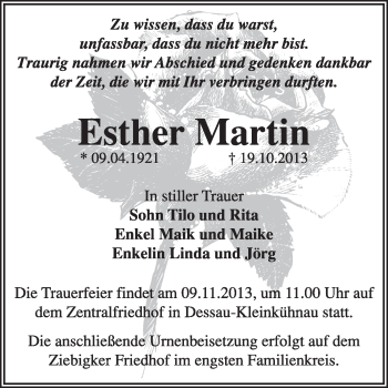 Traueranzeige von Esther Martin von Super Sonntag Dessau / Köthen