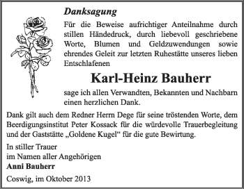 Traueranzeige von Karl-Heinz Bauherr von Super Sonntag Wittenberg