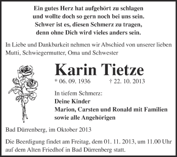 Traueranzeige von Karin Tietze von Super Sonntag Merseburg