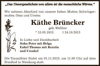 Traueranzeige von Käthe Brüncker von Super Sonntag Bernburg