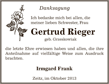 Traueranzeige von Gertrud Rieger von Super Sonntag Zeitz