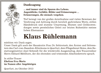 Traueranzeige von Klaus Rühlemann von Super Sonntag Zeitz