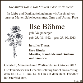 Traueranzeige von Ilse Böhme von Super Sonntag Zeitz