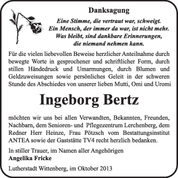 Traueranzeige von Ingeborg Bertz von Super Sonntag Wittenberg