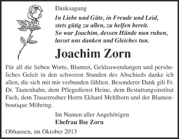 Traueranzeige von Joachim Zorn von WVG - Wochenspiegel Merseburg